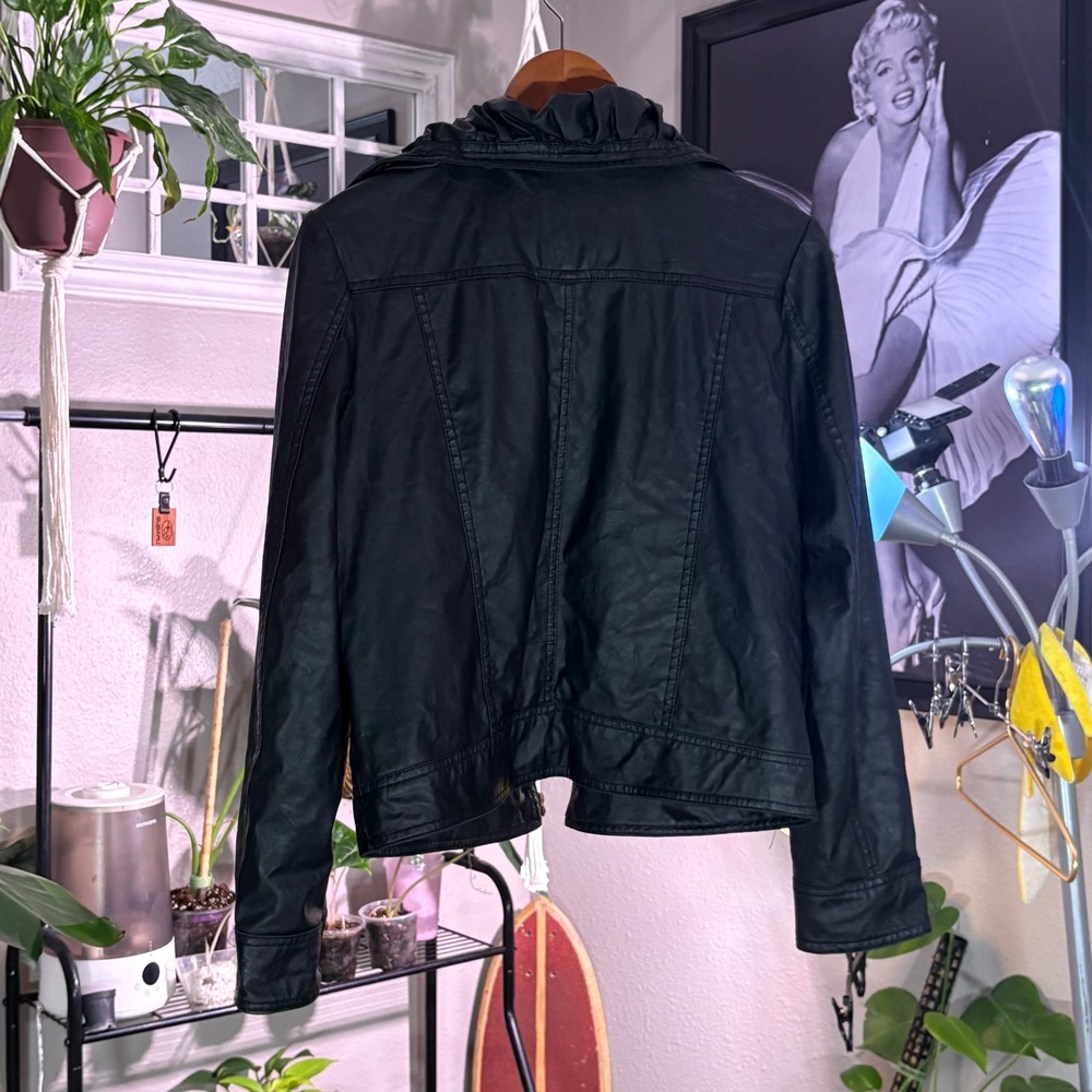 Lapis Black Faux Leather Moto Jacket Leopard Lined Zip Front Women's